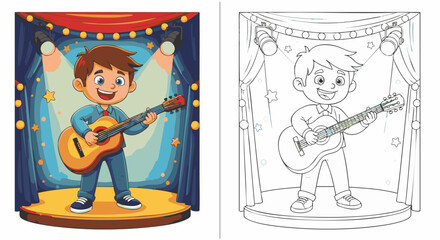 Cheerful Boy Playing Guitar on Stage for Coloring Project Illustration