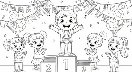 A cheerful scene of a young boy celebrating his victory on a podium, surrounded by applauding friends, perfect for an engaging children's coloring project