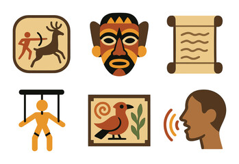 Cultural artifacts silhouette icon set. featuring hunter, mask, scroll, puppet, bird, communication symbols.