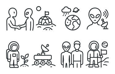 Space exploration and alien encounters linear icon set. featuring spaceship, alien, astronaut, rover, and planet symbols.