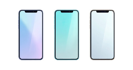 Three stylized smartphones with gradient screens, displayed side-by-side. 