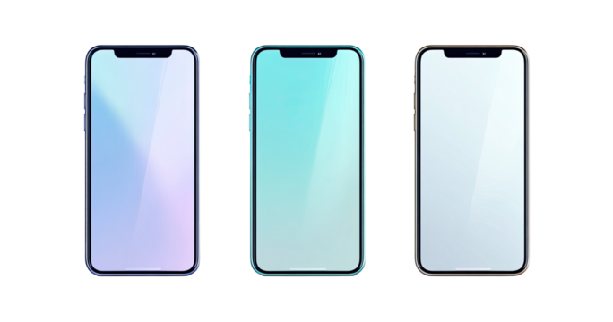 Three stylized smartphones with gradient screens, displayed side-by-side. 