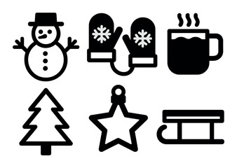Winter holiday silhouette icon set. featuring snowman, mittens, hot drink, tree, star, and sled.