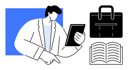 Minimalistic figure holding tablet, pointing at content with open book and briefcase nearby. Ideal for education, analysis, management, study, reading, business training. Simple flat metaphor
