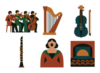 Music and performance flat icon set. featuring orchestra, harp, violin, clarinet, opera singer, theater.