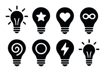 Creativity theme silhouette icon set. featuring bulb, star, heart, infinity, swirl, circle, lightning symbols.