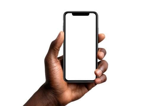 A dark-skinned hand holds a black smartphone with a blank white screen