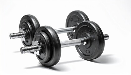 Fototapeta premium Black and silver barbell with 10 KG weight plates secured by metal collars, placed on reflective white surface