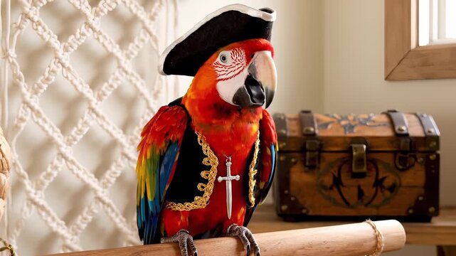 Colorful parrot dressed in pirate attire perches on a wooden stand, showcasing vibrant feathers and playful demeanor, capturing a whimsical and adventurous spirit