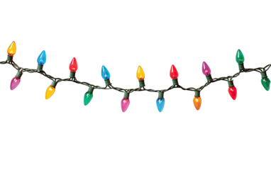 Colorful Christmas string lights.  A horizontal line of colorful incandescent lights, connected by a dark green wire