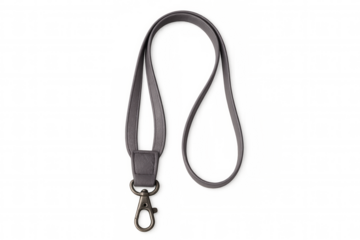 Professional gray lanyard with metal clip resting on transparent surface, highlighting versatile accessory for workplace branding