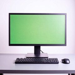 a minimalist desk setup with a large desktop monitor with a blank screen, surrounded by a keyboard and a mouse, on a sleek gray table