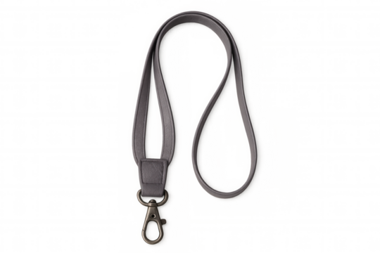 Professional gray lanyard with metal clip resting on transparent surface, highlighting versatile accessory for workplace branding