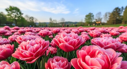 Vibrant Pink Peony Tulips in a Spring Field.