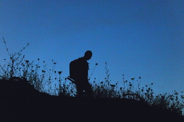 Silhouette of a lone hiker with a backpack standing on a hill at twilight, surrounded by wild grasses against a deep blue evening sky.