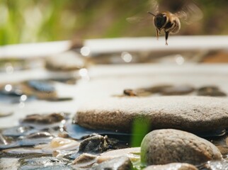 A honey bee hovers mid-air over a bird bath, preparing to leave. Water drips from her legs,...