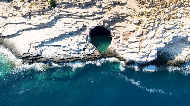Giola lagoon in Thassos Island, Greece.  One of the most place in Thassos. Amazing sea with clear blue water. Aerial panoramic drone view from above, top view from drone. Summer holidays Europe
