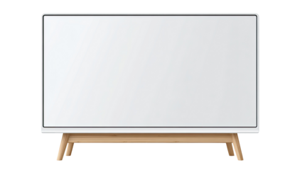 A rectangular, flat-screen TV with light-colored wooden legs