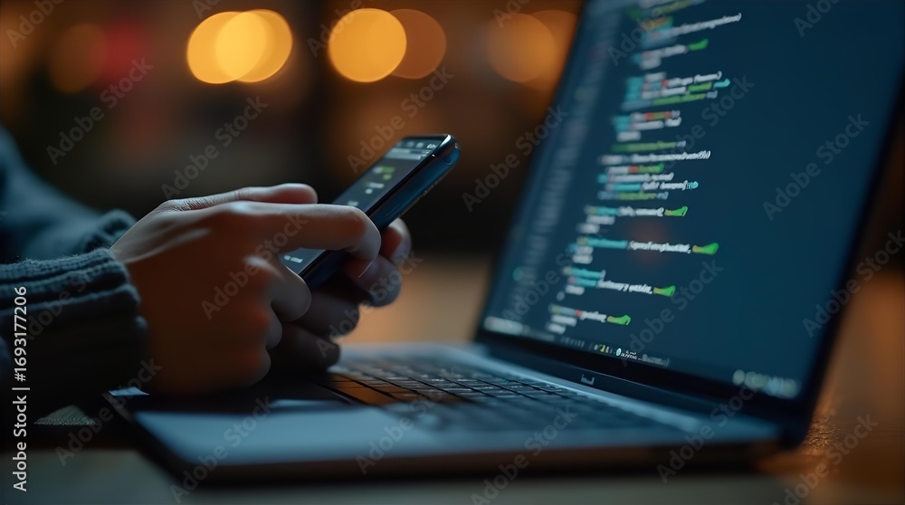 Wall mural focused programmer coding on laptop screen while using smartphone for digital communication in a mod