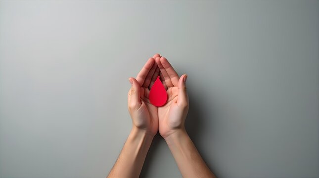 Cupped Hands Holding Red Blood Drop. Promoting Blood Donation, Healthcare Charity Campaign, Medical Support, Life Saving Awareness, Empathy and Compassion for Humanity.