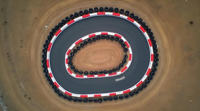 Aerial View of Winding Go Kart Race Track Resembling At Sign for Digital Marketing, Innovation, and Strategic Business Path. - Powered by Adobe