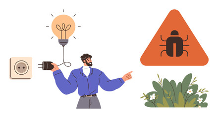 Person holding plug, disconnecting lightbulb, signaling issue with bug warning, plants background. Ideal for technology, troubleshooting, error, complexity, problem-solving awareness electricity