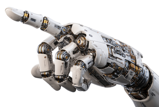 A detailed close-up of a robotic hand, pointing. Visible internal mechanisms, gears, and joints.  White color scheme