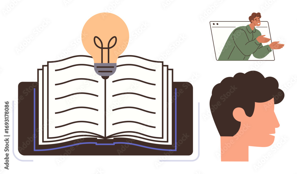 Poster open book with glowing light bulb symbolizing knowledge. side face profile and a man in a window fra