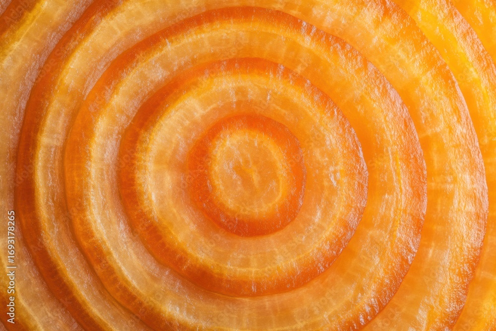 Poster vibrant circular pattern of sliced carrots displaying a gradient of orange hues and textures on a fl