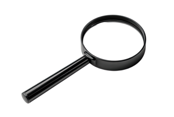 A black magnifying glass, circular lens and handle, angled perspective