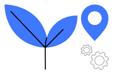 Blue abstract leaves, location marker, and cogs signifying nature, technology, navigation, growth, innovation, eco-friendly solutions and optimization. Ideal for business branding strategy