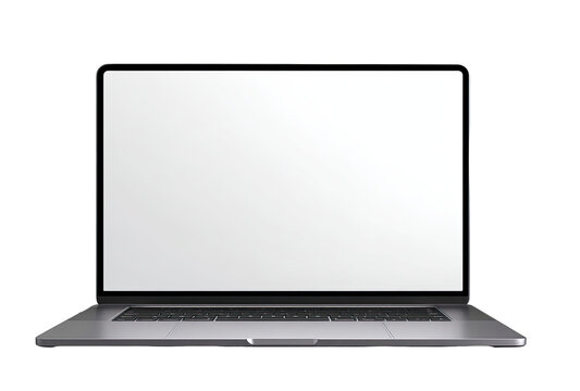 Front view of a modern laptop with a blank screen.  Gray metallic chassis