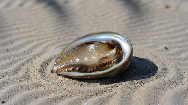 Iridescent abalone shell rests on a sandy beach, glinting under sunlight, creating a beautiful natural seaside scene