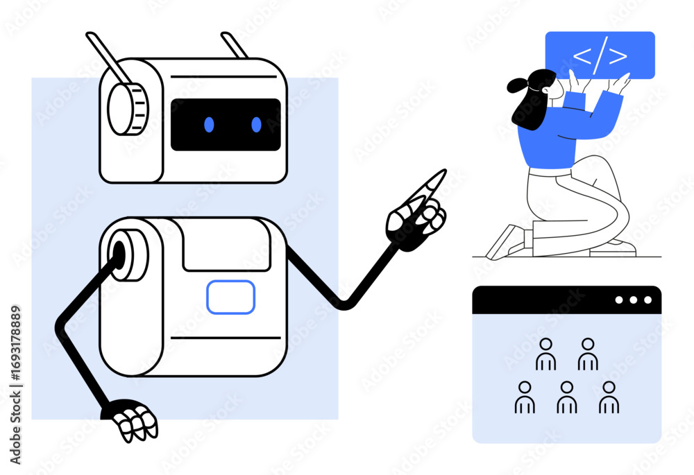 Aufkleber robot guiding a programmer coding on a screen with a team collaboration interface. ideal for automat