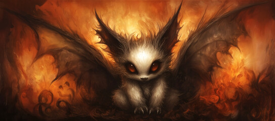 Cute dark demon creature with wings in fiery background, fantasy digital art