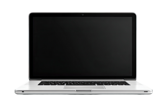 Front view of a silver laptop with a black screen - Powered by Adobe