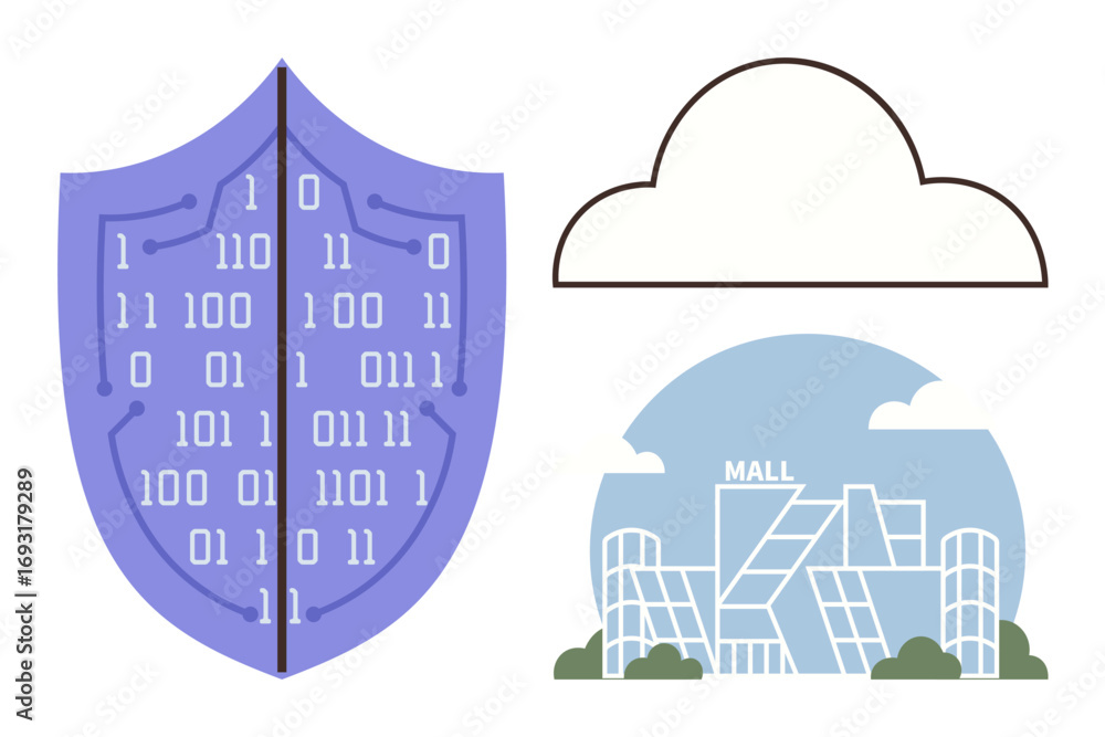 Poster shield with binary code, cloud outline, and modern mall. ideal for cybersecurity, data protection, c