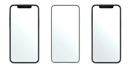 Three blank smartphone displays, side-by-side, showcasing a minimalist design.  Each phone has a rectangular screen with a black frame