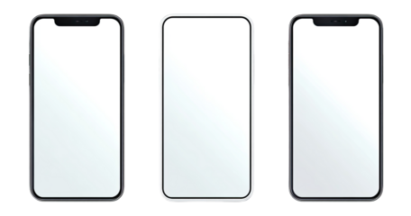 Three blank smartphone displays, side-by-side, showcasing a minimalist design.  Each phone has a rectangular screen with a black frame
