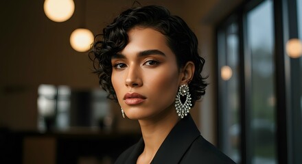 Elegant woman showcasing designer earrings in a sophisticated setting, bringing a touch of timeless glamour to your brand, ideal for jewelry ads, luxury promotions, and fashion editorials