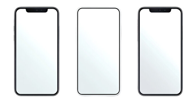 Three blank smartphone displays, side-by-side, showcasing a minimalist design.  Each phone has a rectangular screen with a black frame