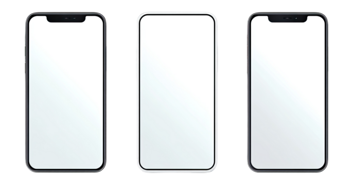 Three blank smartphone displays, side-by-side, showcasing a minimalist design.  Each phone has a rectangular screen with a black frame