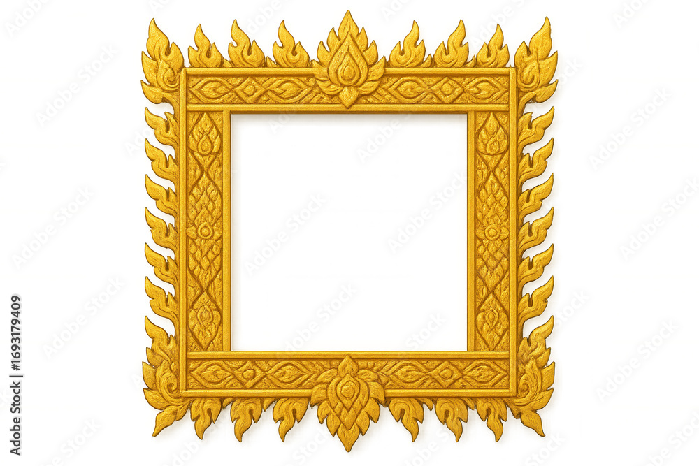 Poster golden thai-style frame featuring intricate flame and floral patterns, elegantly decorating a transp
