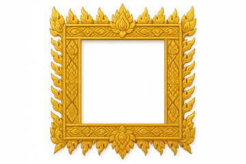 Golden thai-style frame featuring intricate flame and floral patterns, elegantly decorating a transparent background for versatile use