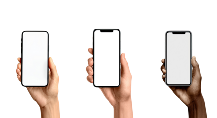 Three hands holding smartphones, blank screens