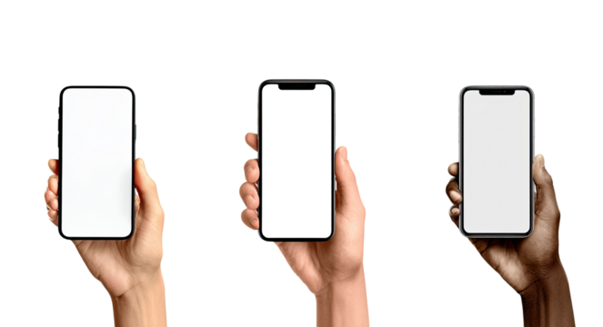 Three hands holding smartphones, blank screens