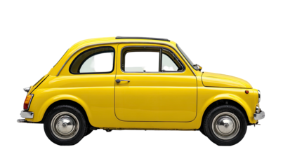 Side view of a bright yellow vintage small car
