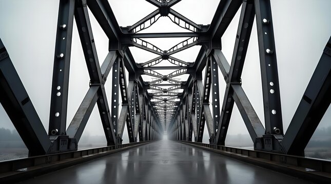Long Steel Truss Bridge Perspective in Foggy Weather Symbolizing Connection Progress and Future Pathways for Business and Technology