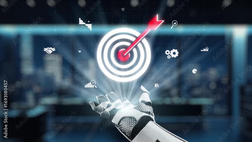 Poster a robotic hand reaches for a target icon, symbolizing the integration of technology and business str