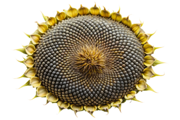 Detailed sunflower seed head with intricate spiral pattern isolated full frame transparent background
